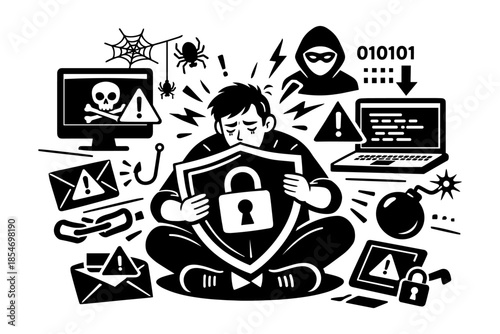 Man protecting himself with shield from cyber threats like viruses, hackers, and phishing