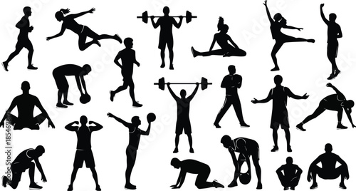 Black silhouettes of people exercising and working out in various poses