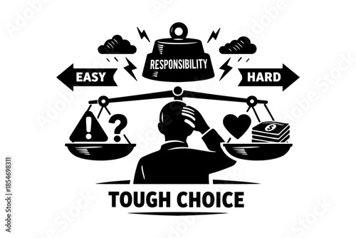 Man weighing easy vs hard choices with responsibility and consequences