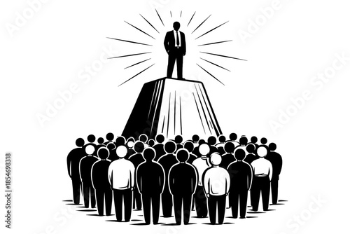 Silhouette of a confident businessman standing on a podium addressing a large crowd