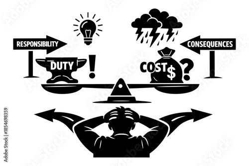 Man weighing responsibility and duty against cost and consequences with a lightbulb and storm clouds
