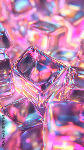 Iridescent neon cubes arranged in a modern abstract pattern, glowing with vibrant colors against a dark background, creating a futuristic, digital, and visually striking atmosphere.