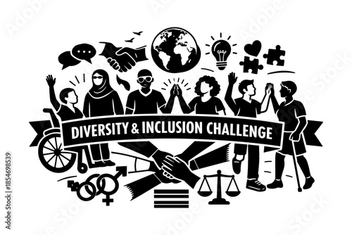 Diversity and inclusion challenge concept with diverse people and symbols of unity