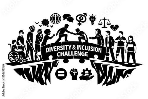 Diversity and inclusion challenge concept with diverse people overcoming obstacles together
