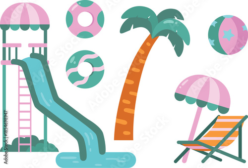 Waterpark Vector  Cute Colorful Illustration Collection with Float Waterslide Sunbed and Beachball 