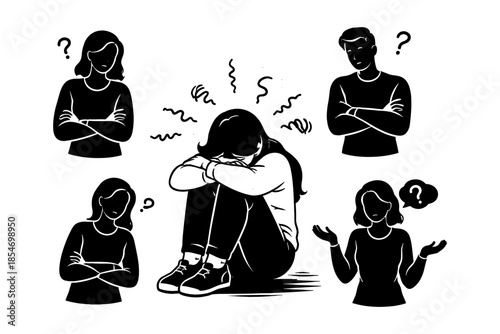 Group of people confused and distressed, one person is crying and isolated