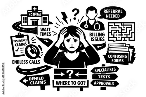 Woman overwhelmed by healthcare system challenges and confusing medical processes