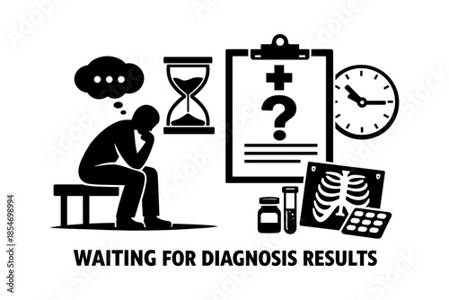 Patient anxiously waits for medical diagnosis results with hourglass and clock symbolizing time