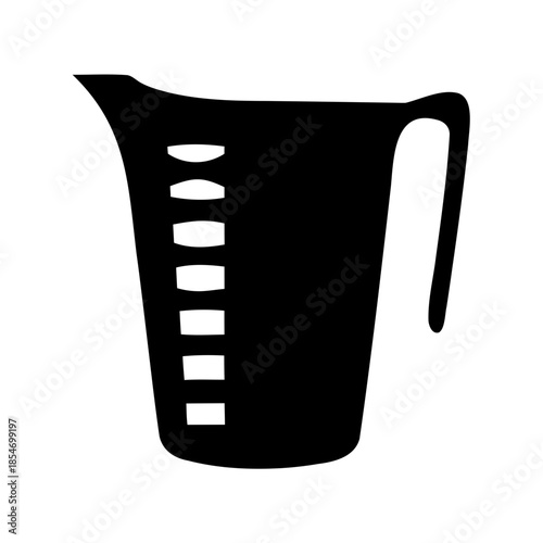 A black silhouette of a measuring cup showcasing measurement markings and handle