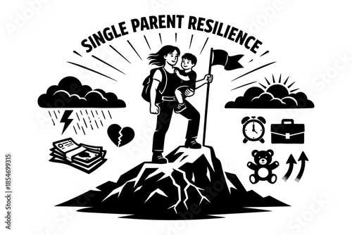 Single parent with child on mountain peak holding flag, symbolizing resilience and overcoming challenges