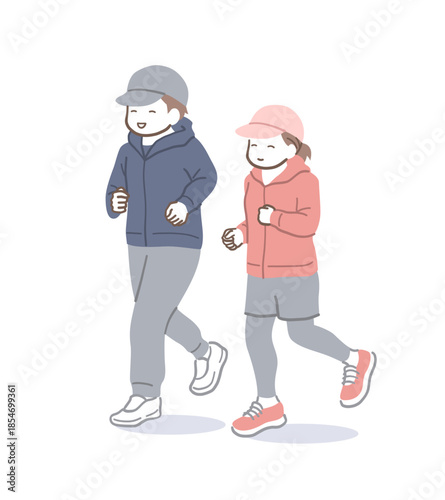 笑顔で楽しそうにジョギングする男性と女性のイラスト素材