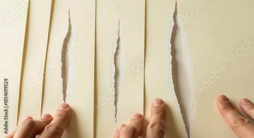 Hands tearing strips of light-colored paper, creating jagged edges and revealing the texture of the paper.