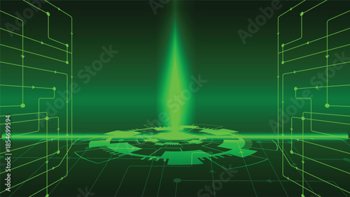 Futuristic green technology background with glowing digital core and circuit interface ideal for cybersecurity ai systems data networks innovation dashboards and sci fi tech visuals