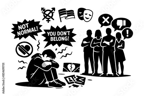 Sad person ostracized by group with judgmental speech bubbles and symbols of exclusion