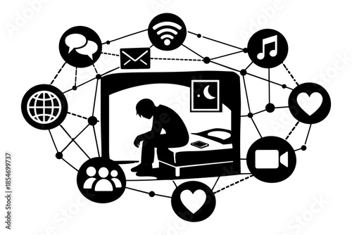 Sad person sitting on bed surrounded by social media and internet icons