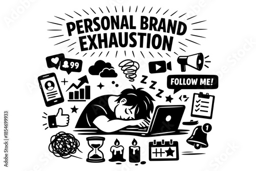 Personal brand exhaustion depicted with a sleeping person surrounded by social media icons