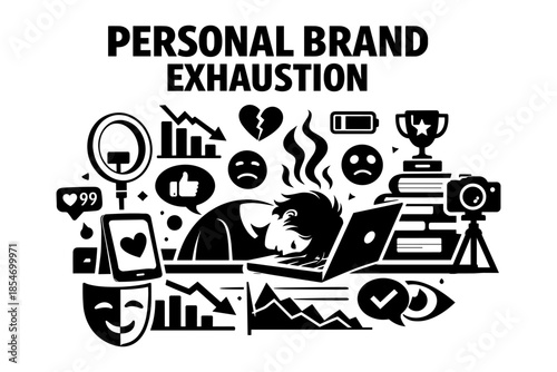 Personal brand exhaustion depicted with icons of stress and social media overload