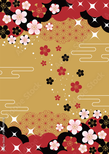 金地に赤黒雲と花和背景、超シンプル、かわいい、イラスト、縦