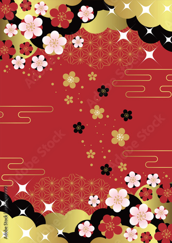 赤地に金黒雲と花和背景、超シンプル、かわいい、イラスト、縦