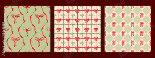 Flirty Preppy coquette bow seamless pattern set for textile, baby clothes, wallpaper, wrapping