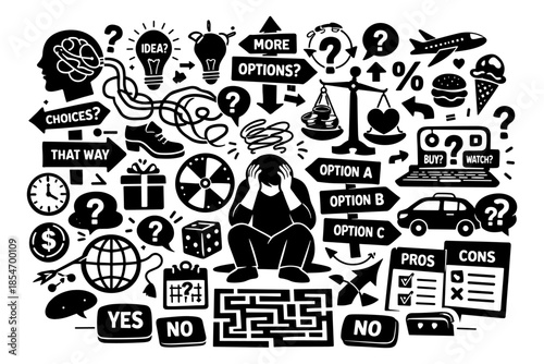 Overwhelmed person surrounded by choices, questions, and decision-making symbols