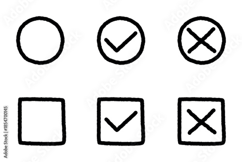 Hand-drawn icons design featuring check mark and cross mark inside circles and squares,  and an empty square and circle. Isolated symbol vector illustration.