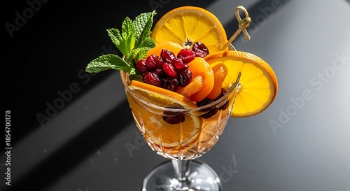 Refreshing Fruit Cocktail with Orange Slices, Pomegranate, and Mint.