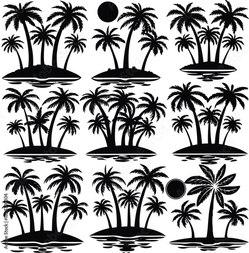 A set of exotic palm tree silhouettes creates a tropical summer landscape illustration featuring coconut leaves and paradise beach elements for a vacation travel design