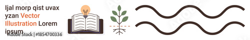 Education, sustainability, creativity, inspiration, knowledge, and energy. Open book with lightbulb and plant, alongside wavy lines. Creativity and education concepts illustrated