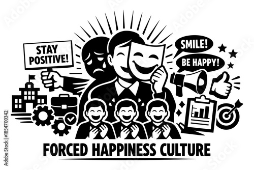 Forced happiness culture concept with sad person hiding behind a happy mask