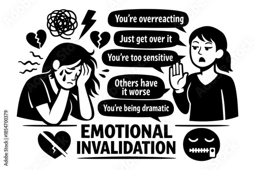 Emotional invalidation concept with crying person and dismissive phrases