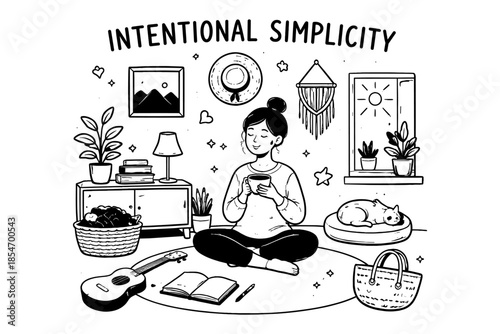 Intentional simplicity: a woman enjoys a peaceful moment at home with her cat and plants