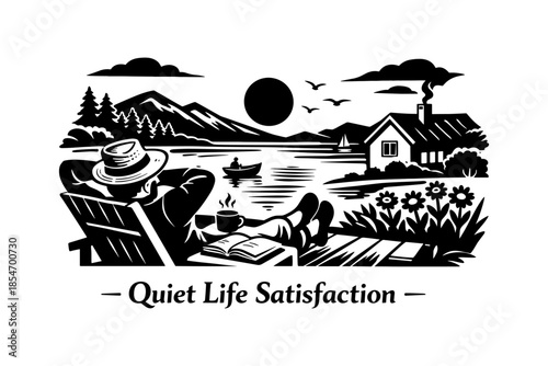 Man relaxing by lake with coffee and book, enjoying quiet life satisfaction