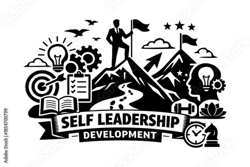 Man on mountain peak with flag, symbolizing self leadership and achievement