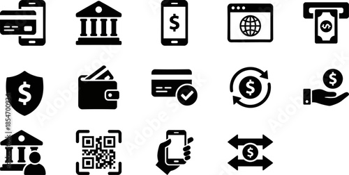 Collection of essential black and white finance icons representing digital banking mobile payments secure transactions and wealth management concepts for apps.