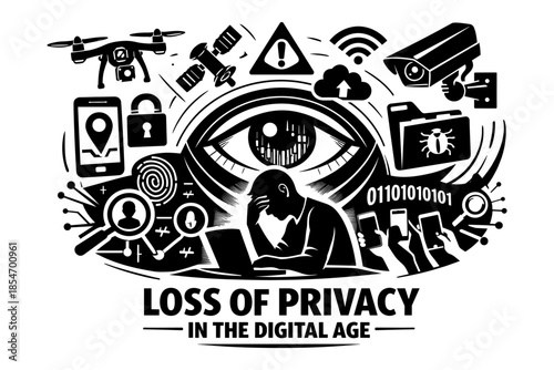 Digital age surveillance and data privacy concerns with an eye watching over a stressed person