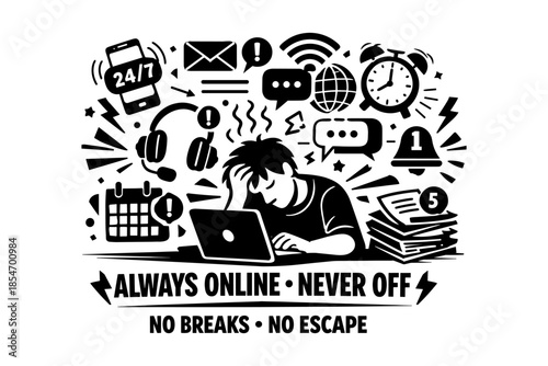 Overwhelmed person working late with constant notifications and deadlines