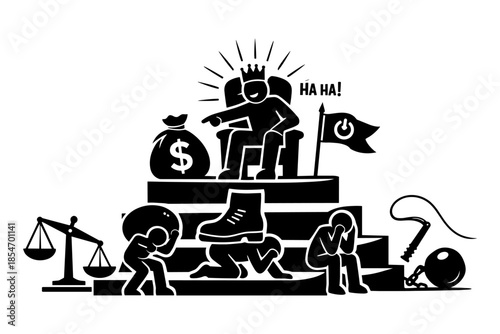 Tyrannical ruler laughs from throne while oppressed people suffer below