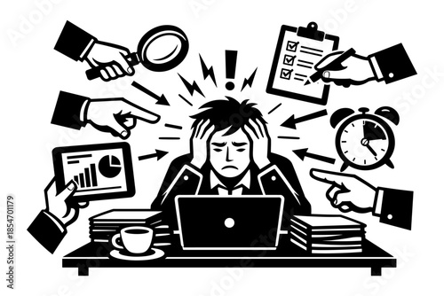 Overwhelmed businessman with hands pointing and tasks piling up at his desk