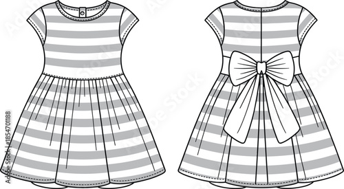 Striped children’s dress technical illustration set, puff sleeves, gathered skirt, bow back, front and back views, black outline, isolated