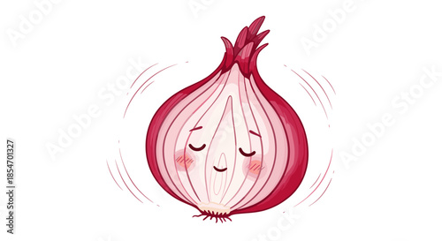 Sweet red onion character with closed eyes and a small smile on its face depicted on a clean white background.