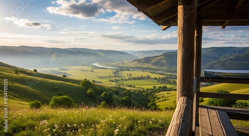 Scenic mountain valley with wooden viewpoint at sunrise.
