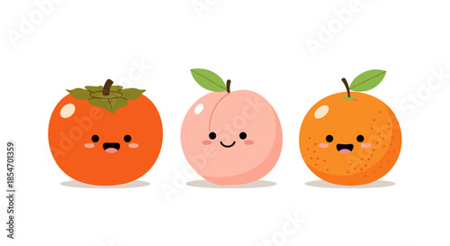 Trio of adorable fruit characters including a persimmon, peach, and orange with happy faces on a white background.