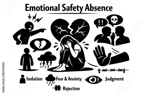 Emotional safety absence illustrated with symbols of distress and isolation