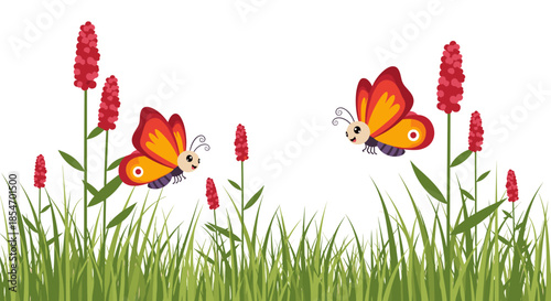 Two beautiful butterflies with red and orange wings flying over green grass and tall pink flower spikes.