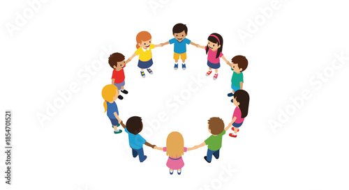 Diverse group of ten children holding hands in a circle viewed from a high angle on a white background.