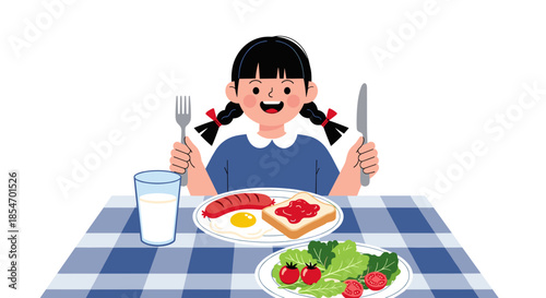 Young girl sitting at a table ready to enjoy a healthy breakfast with eggs, sausage, toast, and fresh salad.