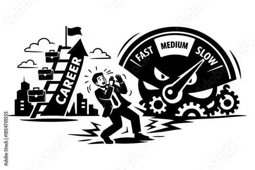 Man overwhelmed by career speed and pressure, symbolizing stress and fast-paced work environments