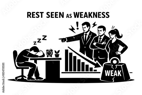 Bosses scolding an employee for sleeping at work, symbolizing rest as weakness