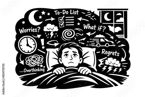 Man lying in bed at night with many worries and thoughts swirling around